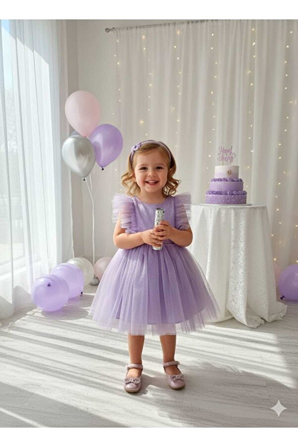 penu baby kids Lila Tüllü Kolsuz Kız Bebek Elbise - Christie