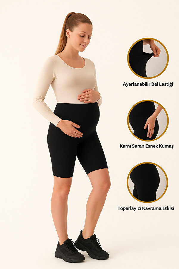 Belly Moon Beli Ayarlanabilir Siyah Diz Üstü Kısa Hamile Şort Tayt