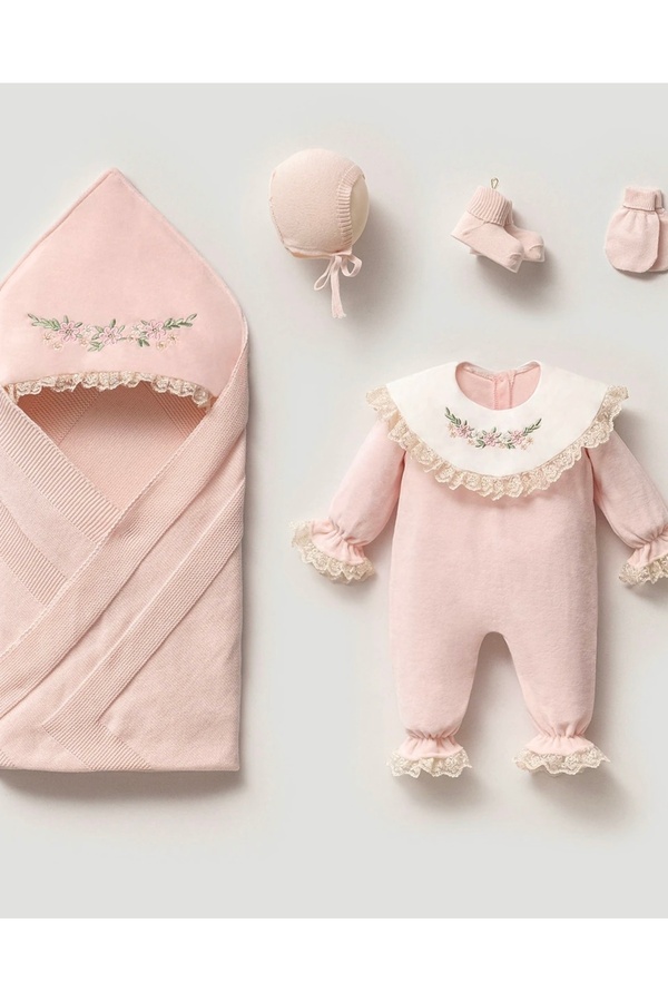 Mert Baby Melisa Kadife 5'li Çiçek Nakışlı Organik Hastane Çıkış Seti %100 Pamuk Yenidoğan Kız Bebek