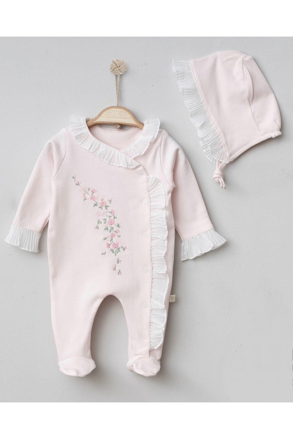 Mert Baby Çiçek Nakışlı Dantel Detaylı Organik Tulum ve Şapka %100 Pamuk Yenidoğan Kız Bebek