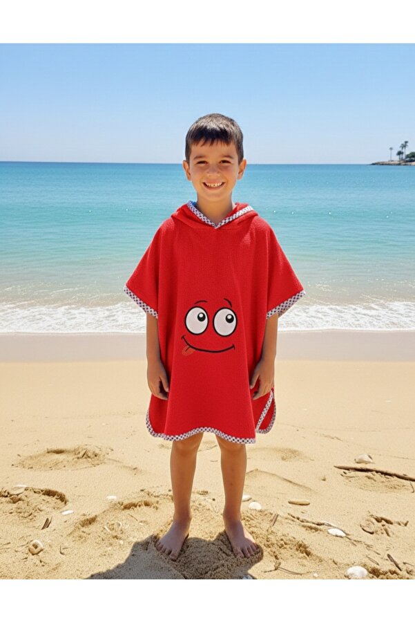 PAMUK HANIM Pamuklu yumuşacık Havlu Kız-erkek Çocuk Deniz Plaj, Havuz, banyo Kapşonlu Panço KIRMIZI /GÖZ