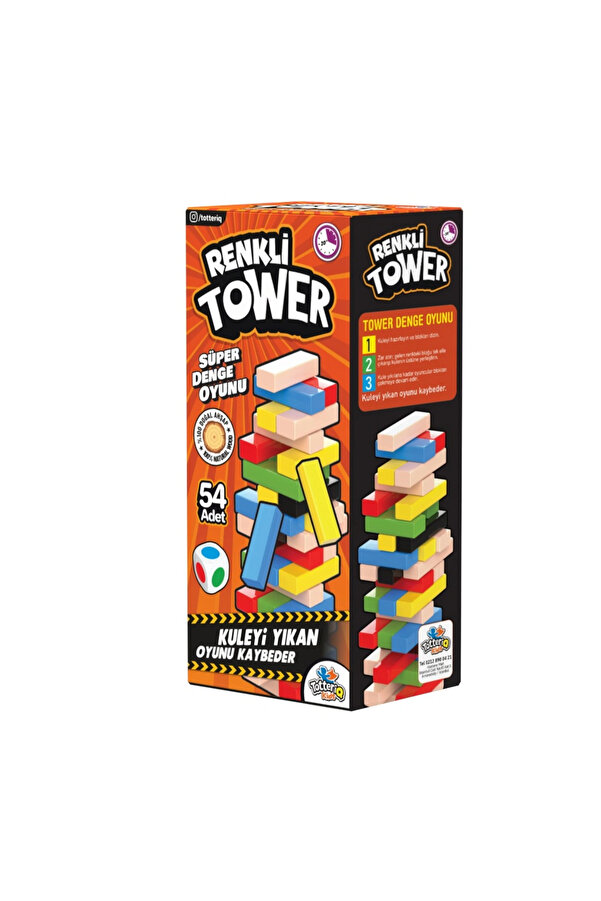 TOTTERİQ Tower Renkli Jenga Büyük Boy Doğal Ahşap Denge Oyunu Kule Oyunu Tower 54 Adet