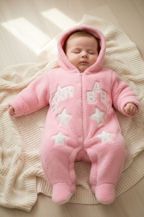 eomix kids bebek tulum kışlık welsoft kumaş nakış desenli şapkalı çıtçıtlı