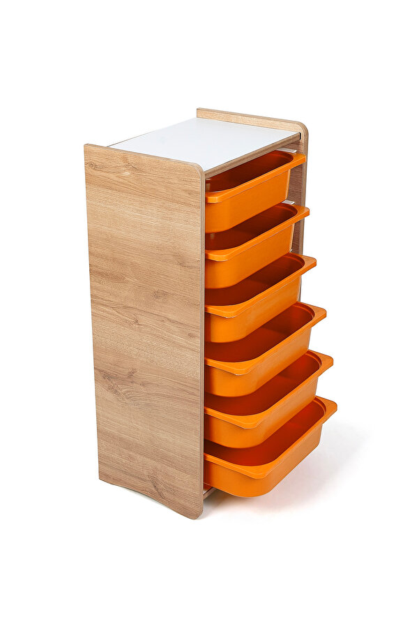BEEVOLİ Montessori Tarzı Ceviz MDF 6 Turuncu Çekmeceli Oyuncak ve Kitap Dolabı