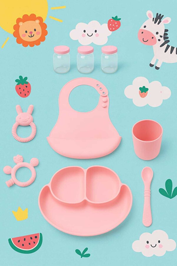CKM silikon Bebek Beslenme Seti Pembe 9 Parça Silikon Mama Seti – BPA’sız –
