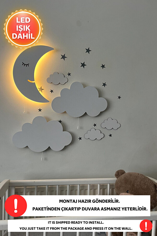 Dekorvin 2 Bulut Gece 1 Işıklı Ay Lambası Bebek Çocuk Odası Duvar Dekorasyonu Aydınlatma Ahşap Gece Lambası