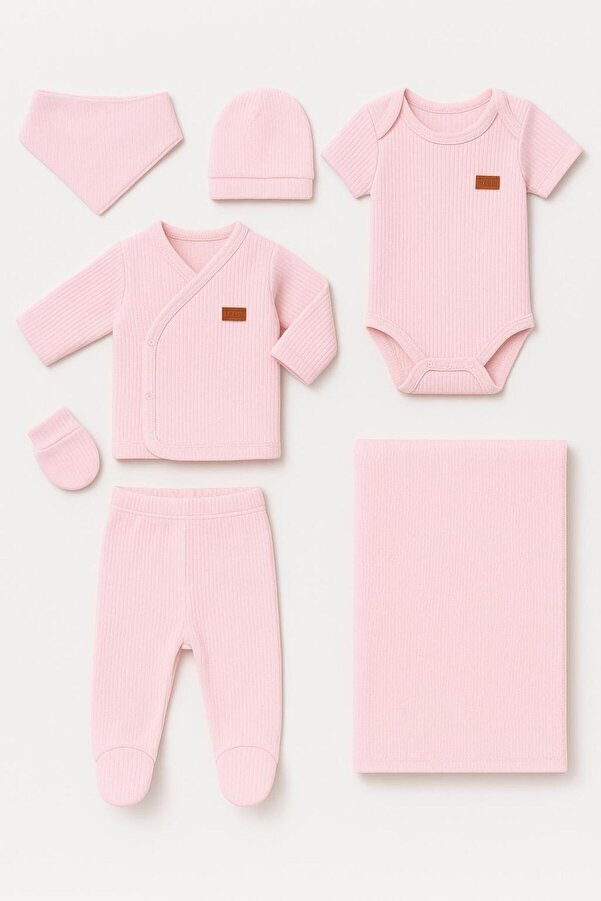 BYS BABY FASHION Yenidoğan Kız -Erkek Bebek Organik Pamuklu Fitilli 7li Hastane Çıkış Seti Battaniyeli Set