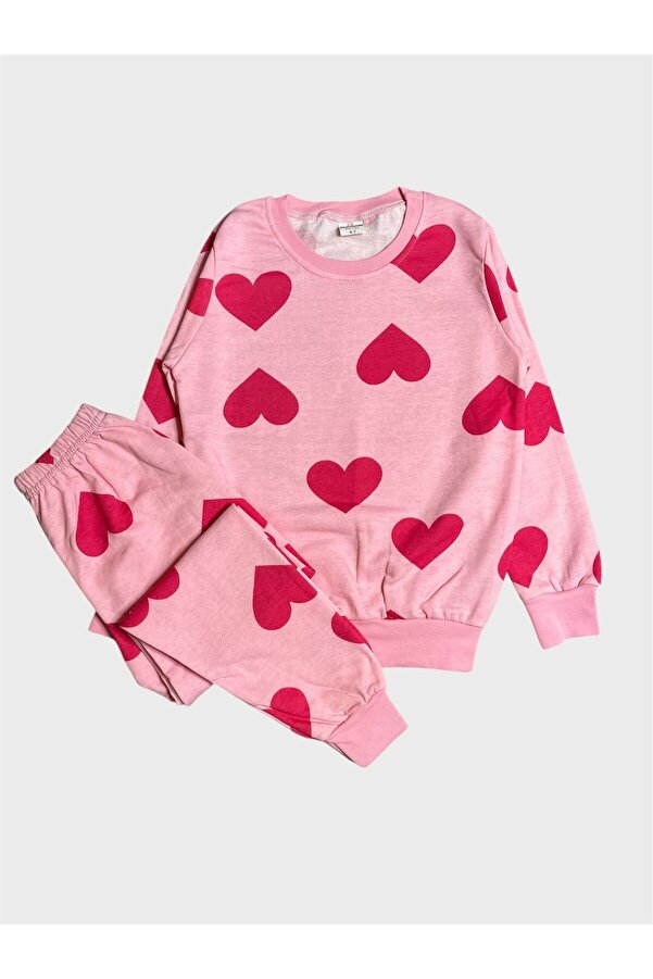 Genel Markalar Kız Çocuk Pamuklu Şardonlu Pembe Kalp Desenli Uzun Kollu Kışlık Pijama Takımı