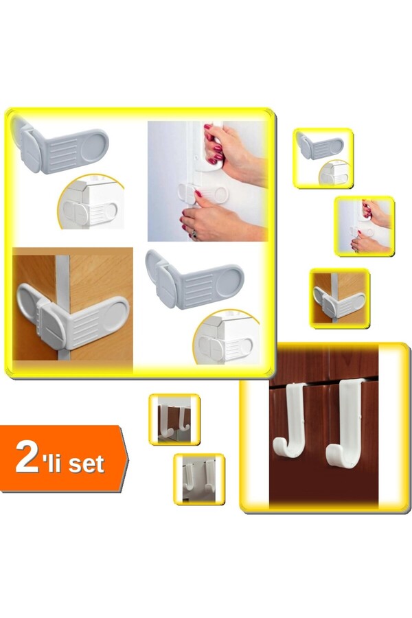 HerEveOyuncak Çocuk Çekmece Dolap Yapışkanlı Köşe Güvenlik Kilidi + 7 Adet Çekmece Plastik Askı - 2li Set P0U3K7