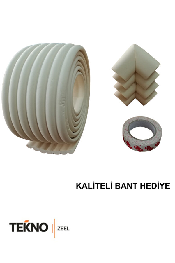 teknozeel Kauçuk Krem Renk Geniş Kenar Ve 4 Adet Köşe Koruyucu 2 Metre Bebek Çocuk Masa Kenar Koruma