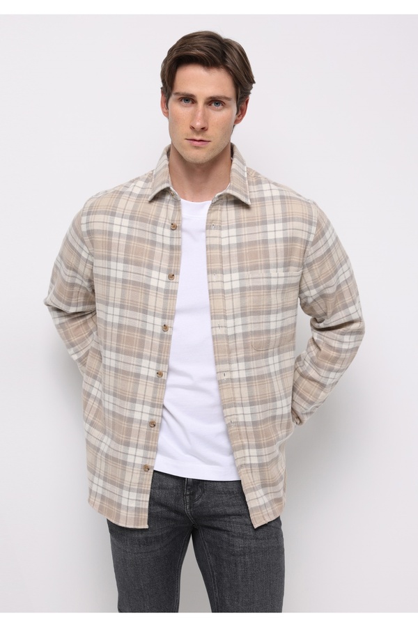 Colin’s Regular Fit Shirt Neck Plaid Men's Beige Long Sleeve Shirt