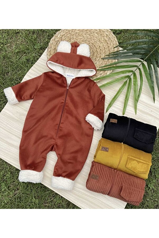 NOMİRO Wellsoft Süper Yumuşak Fitilli Kadife Bebek Tulumu - Kulaklı Kapüşonlu