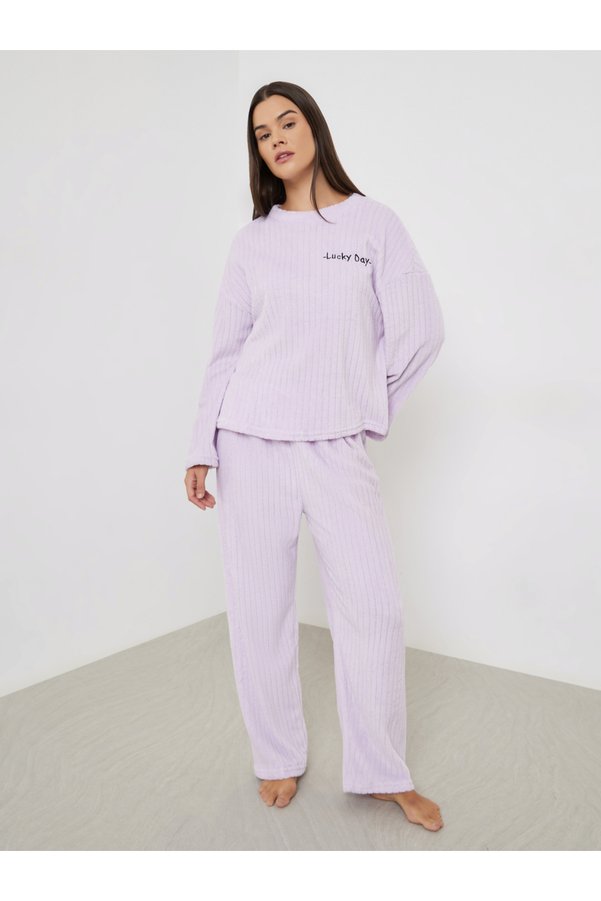 Styli Lilac Self Striped Fleece Long Sleeve Top and Pyjama Set