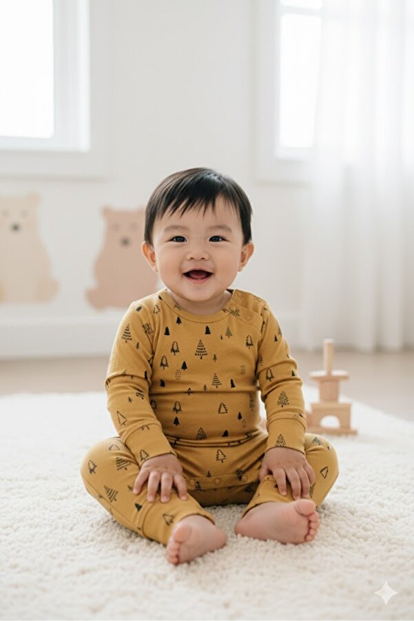 Milk & Muffin Sarı Ağaç Desenli Uzun Kollu Bebek Tulum