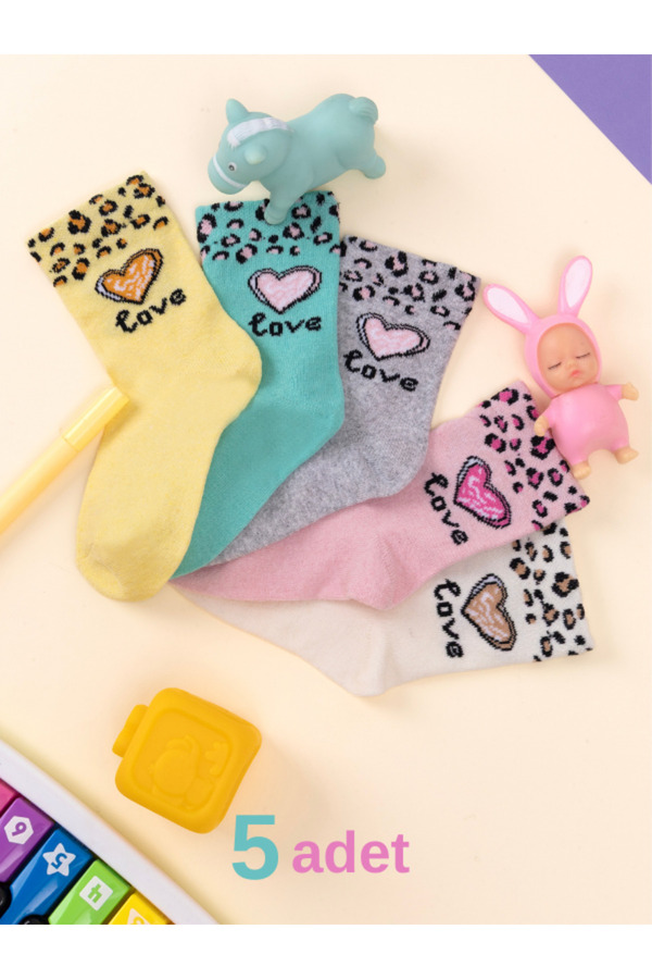 Hobins Sportswear & Company 5 Çift Kalp & leopar Desenli Bebek Çorap & Çocuk Çorabı Özel Kız Soket Serisi