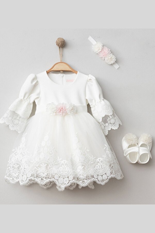 Cherub Baby Mimoza Kız Bebek Çiçekli Dantelli Elbise Yenidoğan Lüx Elbise Seti - Hastane Çıkışı Mevlütlük Takım