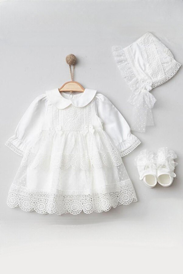 Cherub Baby Sare Model  Kız Bebek Dantelli Elbise Yenidoğan Lüx Elbise Seti - Hastane Çıkışı Ve Mevlütlük Takım