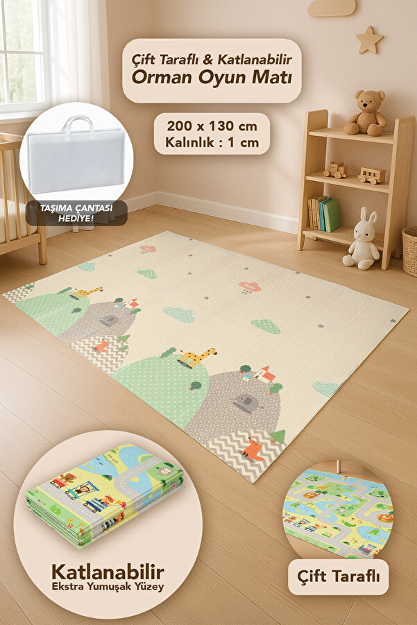 Meleni Baby Çift Taraflı Çocuk Halısı - Katlanabilir Orman ve Hayvan Desenli Bebek Çocuk Oyun Matı 130x200 cm