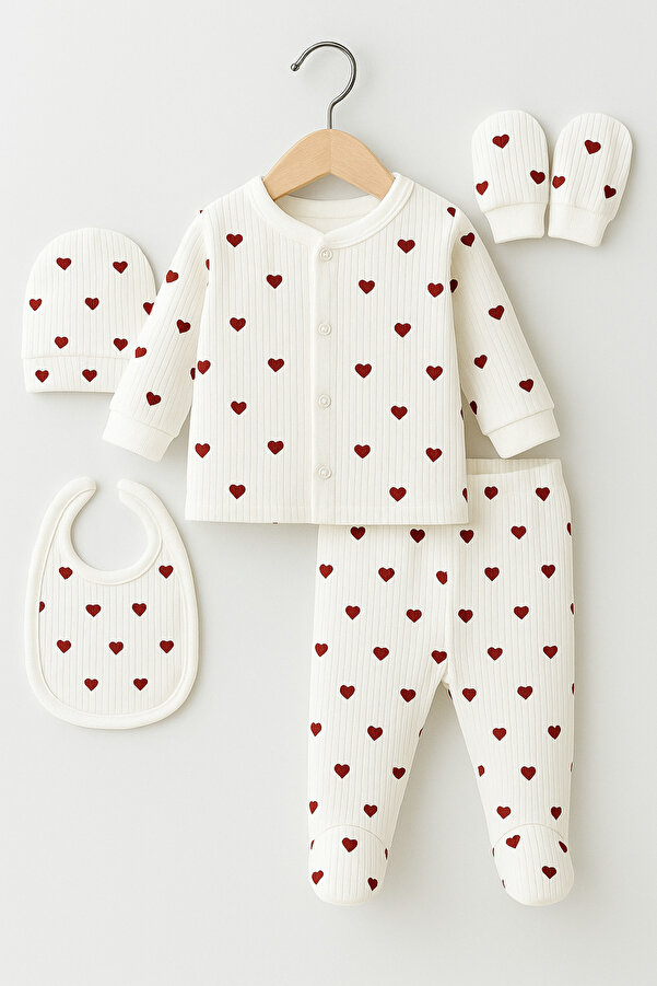 OMY 5'li Kırmızı Kalpli %100 Pamuk Yenidoğan Bebek Hastane Çıkışı