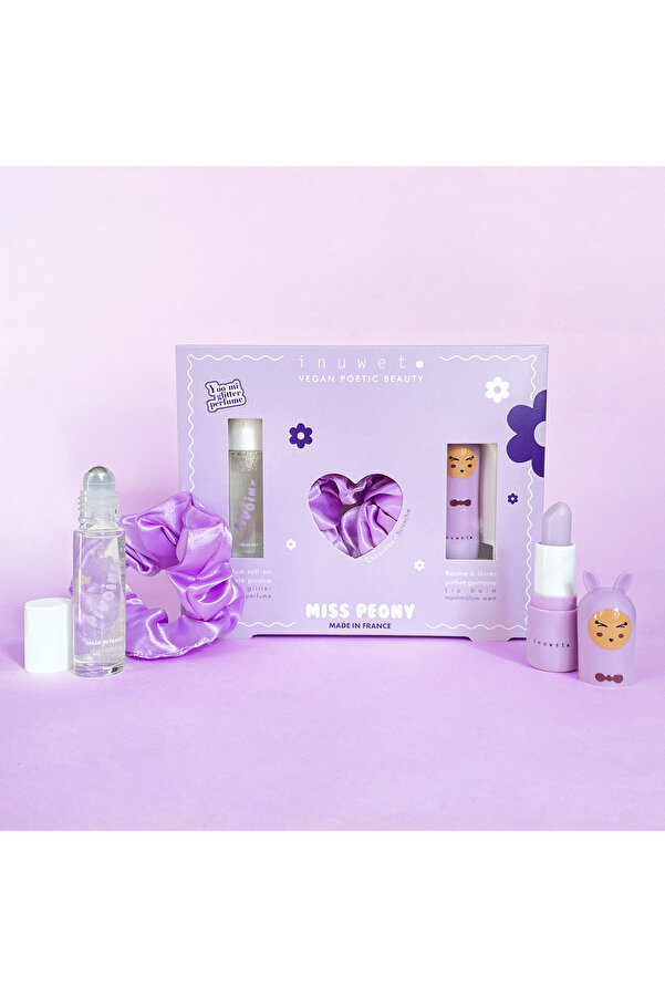 Inuwet Peony Set - Mor Saç Tokası, Şakayık Kokulu Parfüm ve Marshmallow Aromalı Dudak Nemlendiricisi