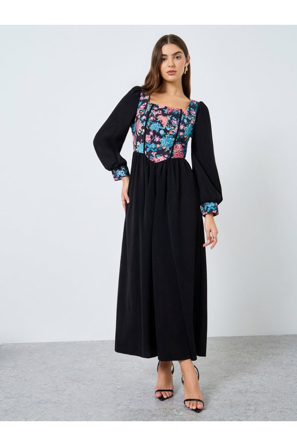 Take Two By Styli Floral Printed Square Neck Balloon Sleeve Midi Dress