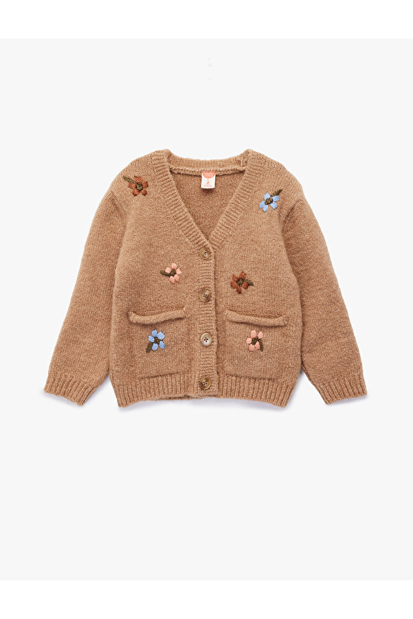 Koton Uzun Kollu Nakış Detaylı V Yaka Düğmeli Triko Hırka