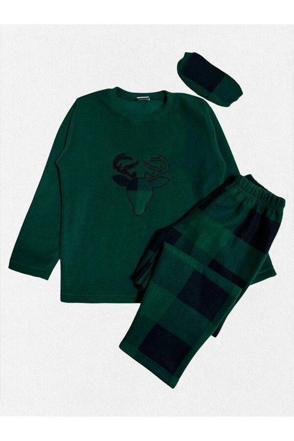 Pajama Shop Erkek Çocuk Pamuklu Uyku Bantlı Geyik Desenli Yeşil Kışlık Polar Pijama Takımı