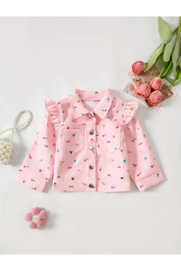 MODA Pembe çiçek desenli, fırfır detaylı, düğmeli ve astarsız ince kız çocuk ceketi, baharlık model.