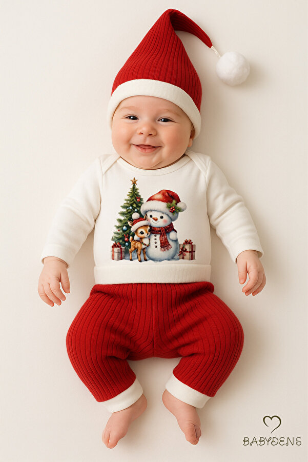 BABYDEN'S Bebek Yılbaşı Noel Kıyafeti 3’lü Takımı Snowman Baskılı Body,Kırmızı Fitilli Pantolon,Noel Şapkası