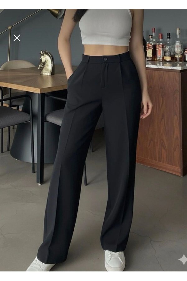 mor butik Women's Black High-Waist Straight-Cut Fabric Trousers Office Casual Style Trousers