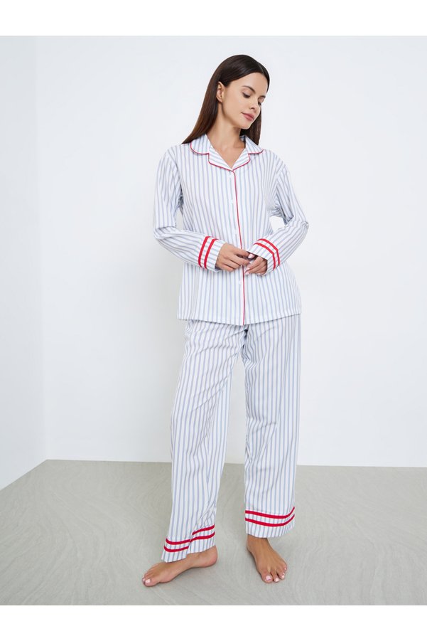 Styli Striped Contrast Trim Piping Shirt and Pyjama Set