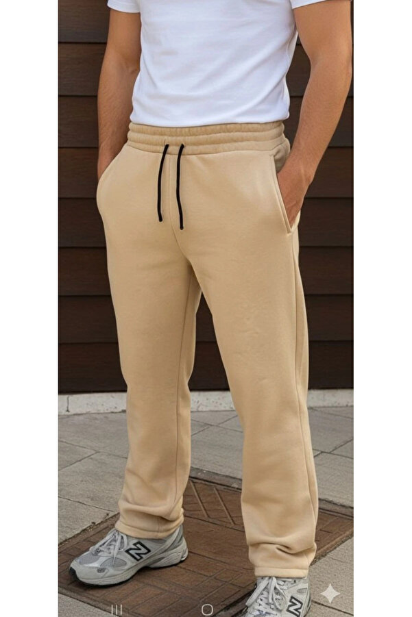 pilelistore Üç iplik Kışlık Pamuklu Ovarsize Bağcıklı Düz Paça Cepli Eşofman Altı Spor Rahat Model - Bej