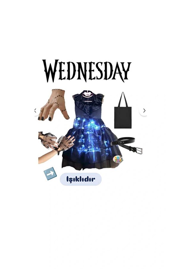 3b kids ışıklı wednesday kostüm elbise + çanta +el +tü eldiven +kemer parti doğum günü seti