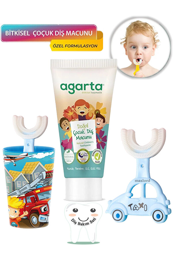 Mas Lord U Tipi Fırça Diş Bakım Seti - Mavi Fırçalık + Mavi Araba 2-6 Yaş+Agarta Çocuk Diş Macunu