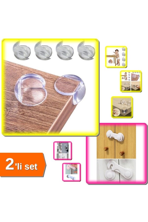 HerEveOyuncak Bebek Çocuk Köşe Koruyucu 4 Adet + Dolap Kapak Kilidi Vidasız Yapışkanlı Güvenlik 2li Set YT47PL