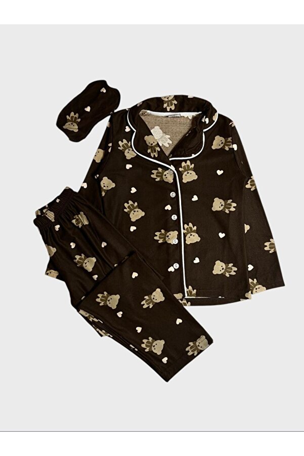 ALİŞ KİDS Anne - Kız Pamuklu Süet Kumaş Kahverengi Ayıcık Desenli Gömlek Yaka Düğmeli Pijama Takımı