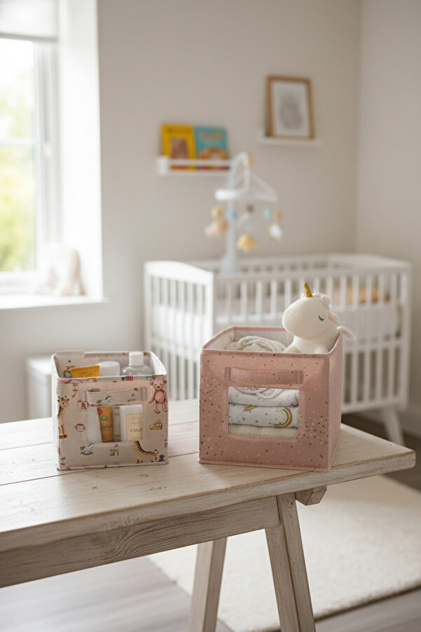 Milenay Anne Bebek 2'li Pencereli Düzenleyici Kutu, Bebek Odası Düzenleyici, Pembe Renk