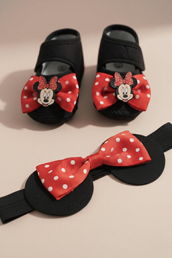 LOGO AKSESUAR 0-3 Ay Yeni Doğan Mickey Mouse Siyah-Kırmızı Bebek Bandana Patik Seti