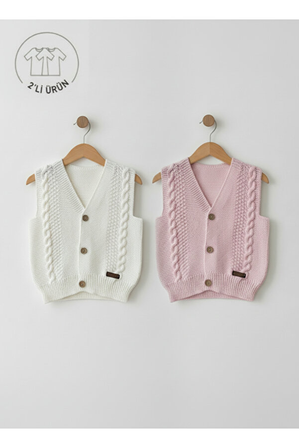Bebemio Boutique Örgü kız Bebek Yeleği 2'li Düğme Detaylı Triko Kumaş