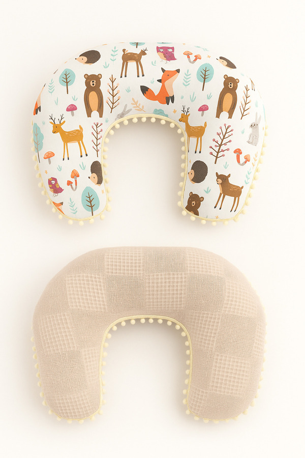 Jaju Baby Waflfe Kumaş Orman Ponponlu Çift Taraflı Emzirme Yastığı - Destek Minderi