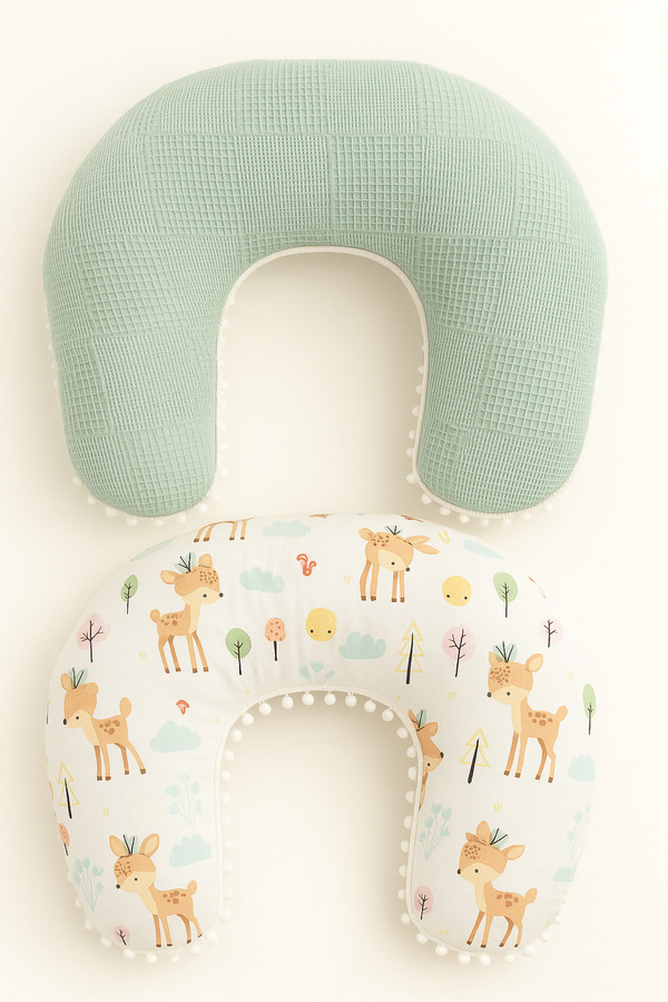 Jaju Baby Wafle Pike Kumaş Ceylan Tasarım Ponponlu Emzirme Yastığı - Destek Minderi