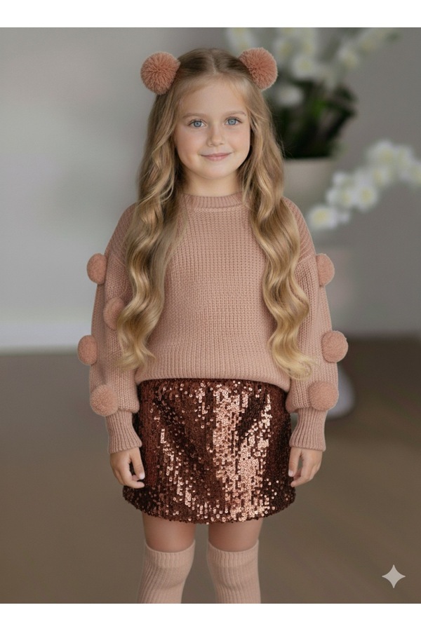 TREND NATURAL Kız Çocuk Bebek Sütlü Kahve Ponponlu Kazak &Pullu Etek &Toka&Çorap Takım 6Ay-8Yaş