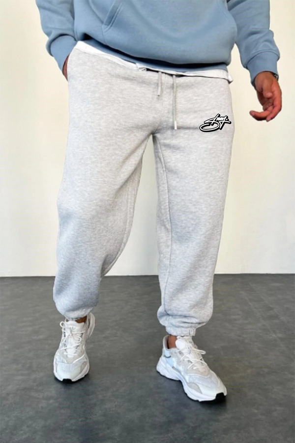 Stüssy Curved Baskılı Kışlık 3 İplik Şardonlu Rahat Kesim Pamuklu Gri Jogger Eşofman Altı