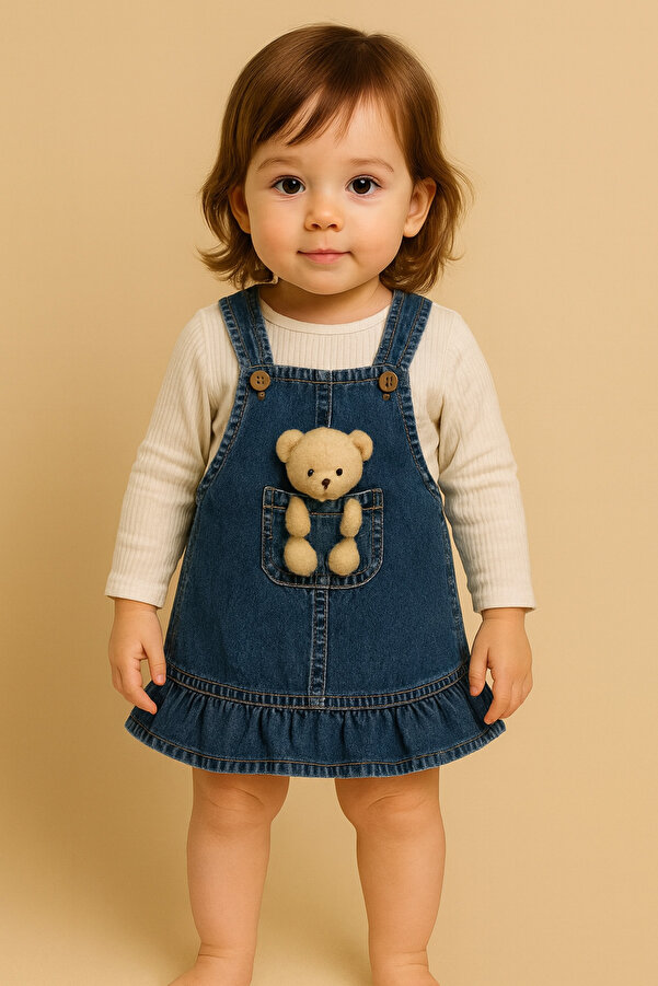 BEBEXO KIDS Kız Bebek Ayıcıklı Fırfırlı Kot Elbise Çizgili Body 2'li Takım (9-12-18 Ay