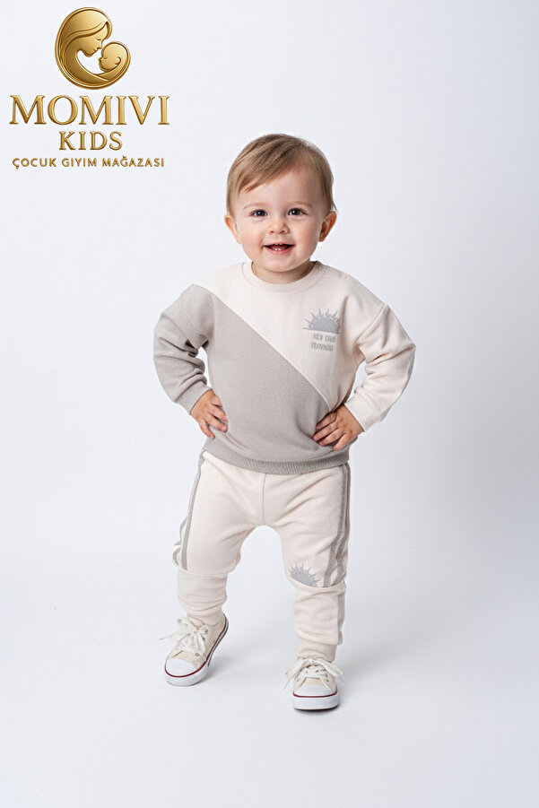 Momivi Kids Erkek Bebek %100 Pamuk Alt Üst Güneş Desenli Krem 2'li Eşofman Takımı