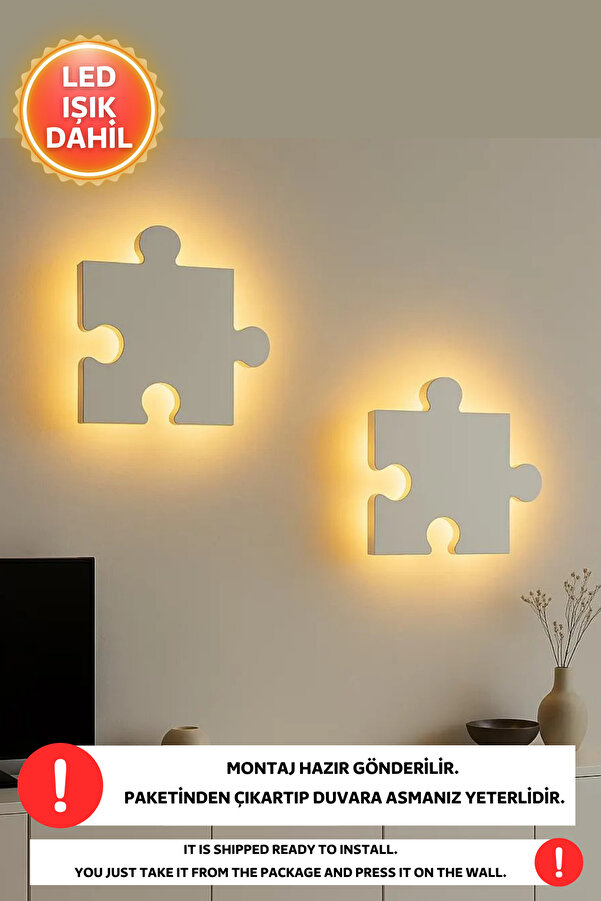 Dekorvin 2 Puzzle Led Işık Gece Lambası Bebek Çocuk Odası Duvar Dekorasyonu Aydınlatma Ahşap Gece Lambası
