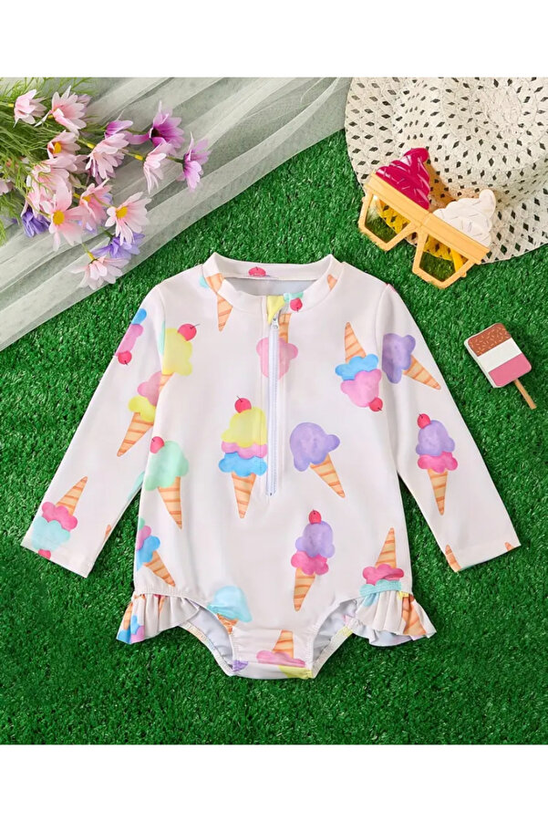 MODA Renkli dondurma desenli, uzun kollu, fırfır detaylı bebek mayo. Esnek ve rahat tasarım.
