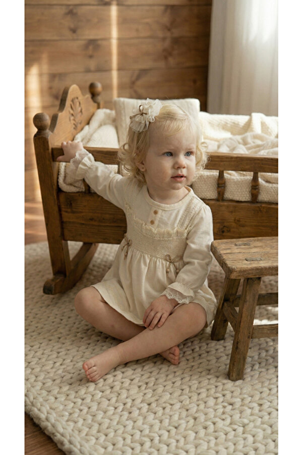 MONTİNA Kız Bebek Vintage Premium %100 Pamuk İnterlok Elbise ve Saç Bandı
