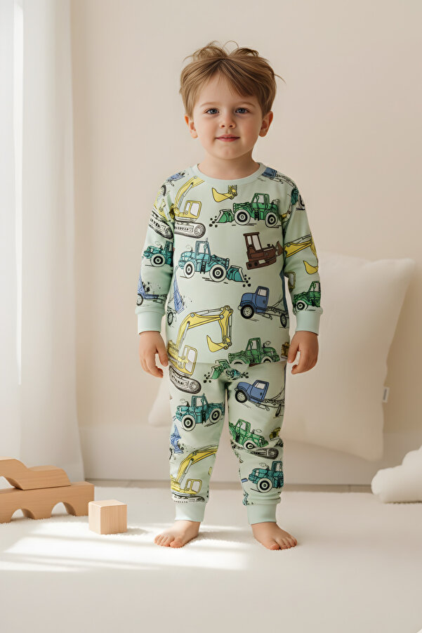 zuzunga Ekskavatör Desenli %100 Pamuk Erkek Çocuk Pijama Takımı