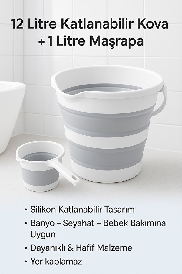 Sepetkitchen Gri Katlanır Su Kovası Ve Maşrapa